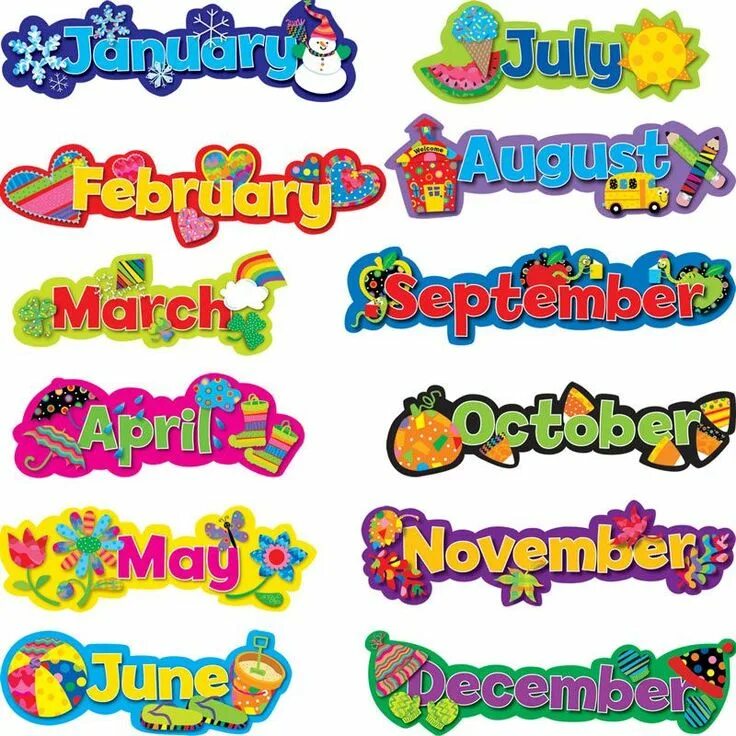 Months карточки. Months names. Summer months for Kids. Мультяшный шрифт.