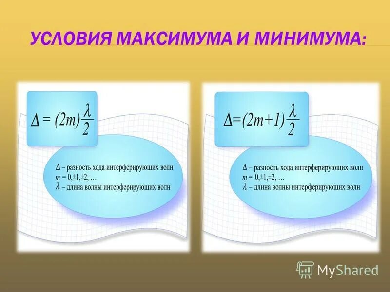 Максимумы при интерференции от двух источников возникают. Условия максимума и минимума интерференции формула. Условия интерференционного максимума и минимума формула. Формулы максимума и минимума интерференции. Сформулируйте условия интерференционных минимумов и максимумов.