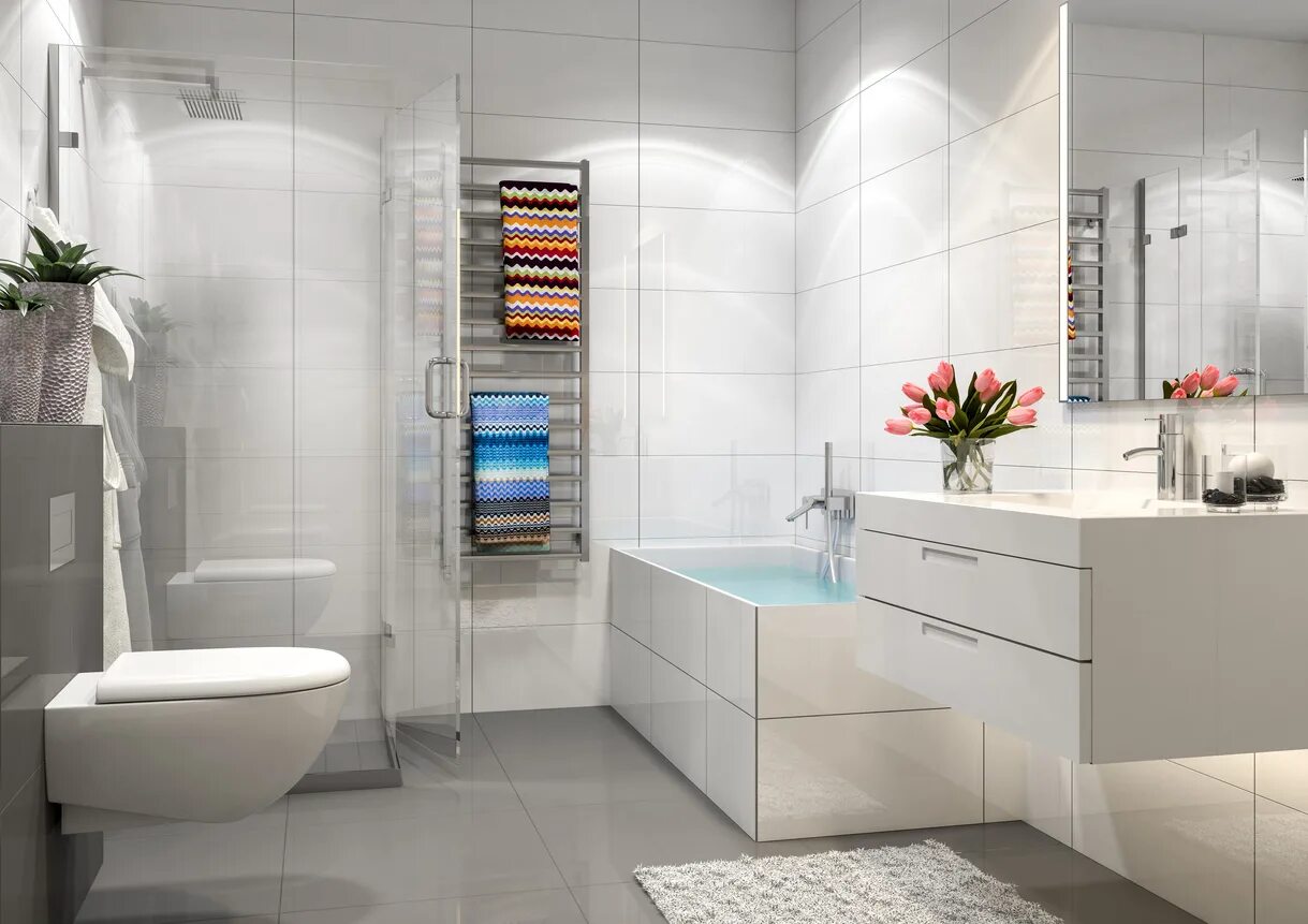 Ванная комната сантехника. Ванна с яркими акцентами. Белая ванная комната с яркими акцентами. 3d визуализация ванной комнаты.