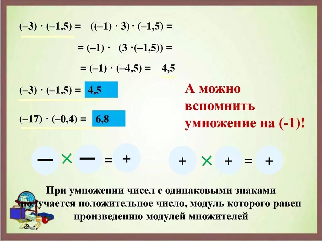 Произведение двух чисел с разными знаками. Умножение с одинаковыми знаками. При умножении чисел с одинаковыми знаками. Умножение модуля на число. Умножение чисел с одинаковыми знаками.