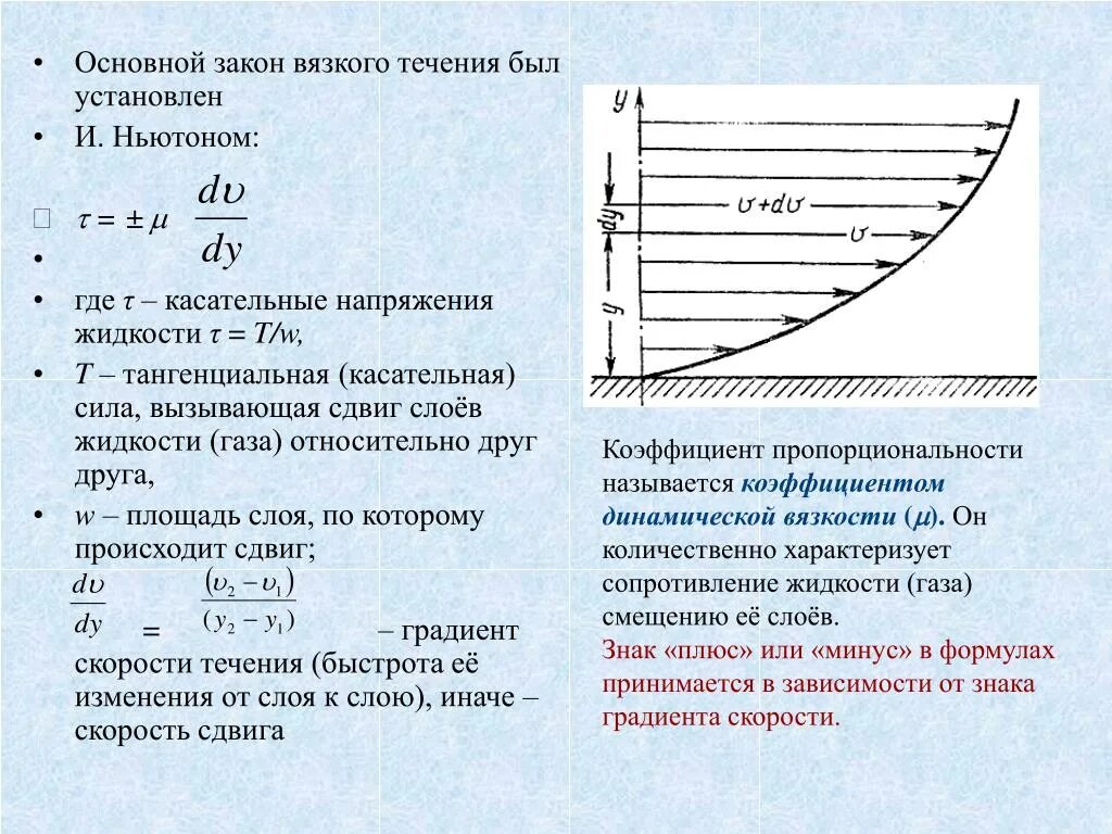 Основной закон вязкого течения. Касательные напряжения сдвига. Нормальные и сдвиговые напряжения. Закон Ньютона для вязкости жидкости. Напряжение в ньютонах