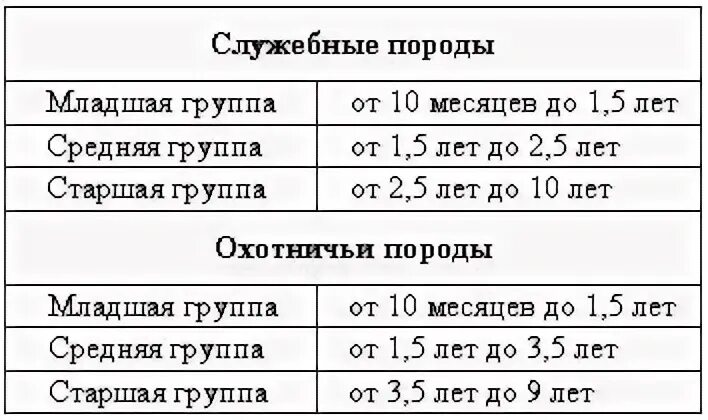 Младшая возрастная группа возраст. Бонитировка собак служебных пород. Половозрастные группы собак. Возрастные категории собак. Бонитировка собак таблица.