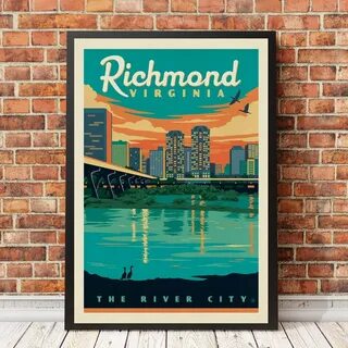 Дорожный плакат Ричмонд Вирджиния, рисунок реки и города, художественный ди...