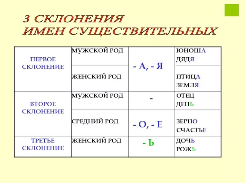 Тип склонения существительных. Склонение имен существительных.