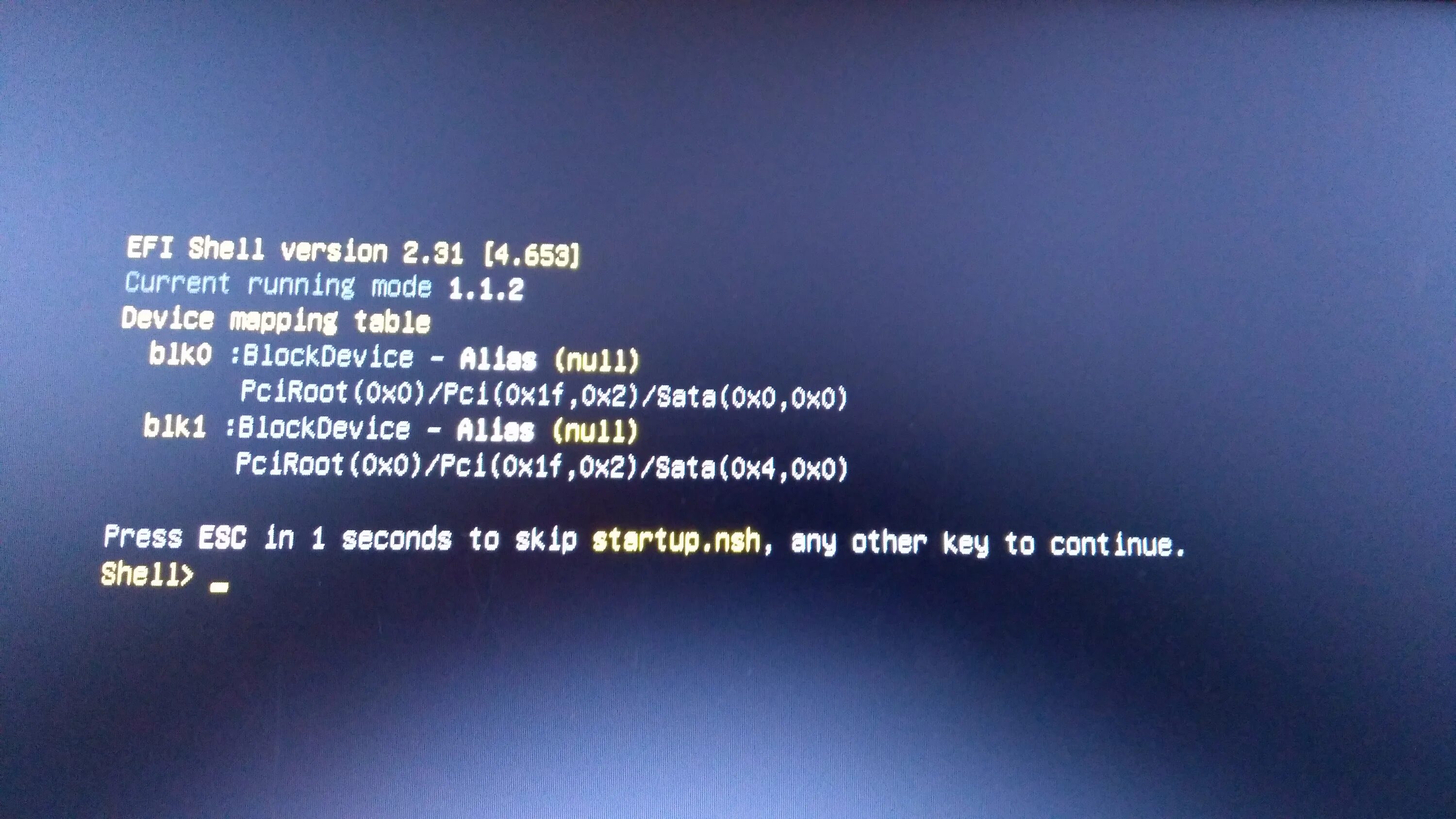 Continue startup. EFI Shell Version 2.40. Press ESC in 1 seconds to skip Startup.NSH any other Key to continue. Версии EFI Shell. Press ESC to continue.