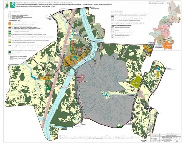 Карта Томинского поселения. Томинское сельское поселение. ПЗЗ Сосновского района Челябинской области. План застройки п.Рощино Сосновского района Челябинской области.