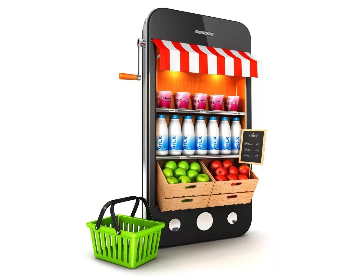 Мобильный маркетинг. Супермаркет фон креативный. Мобильный шоппинг.