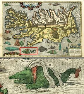 Below, a detail of a sea creature labelled H, ‘the greatest of whales’ whic...