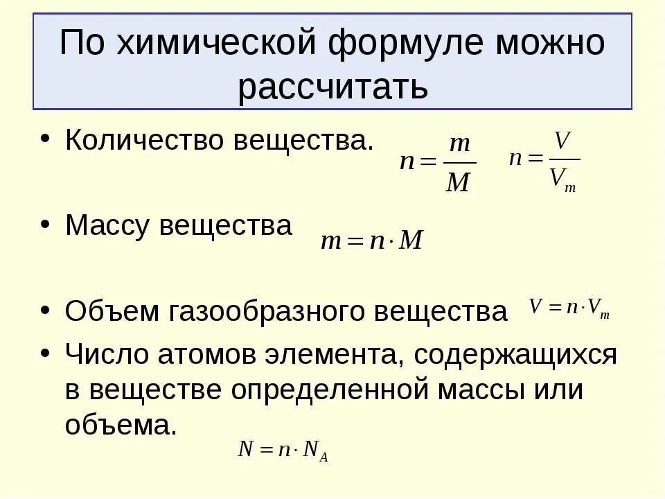 Сколько атомов формула. Формула нахождения количества вещества в химии. Как найти массу в химии формула. Формулы расчета количества вещества химия. Формула для расчета массы вещества химия.