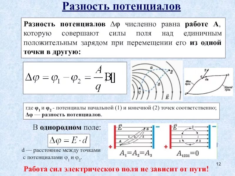 Мощность численно равна работе совершенной. Разность потенциалов физика 10 класс. Потенциал разность потенциалов. Разность Δφ потенциалов. Работа и разность потенциалов.