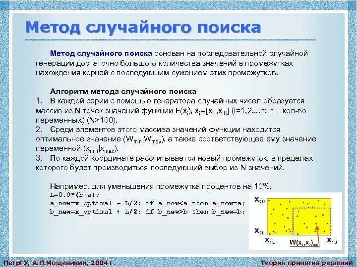 Выбор методом случайных чисел. Метод случайного поиска. Алгоритм случайного поиска. Адаптивный метод случайного поиска. Алгоритм метода последовательных интервалов.