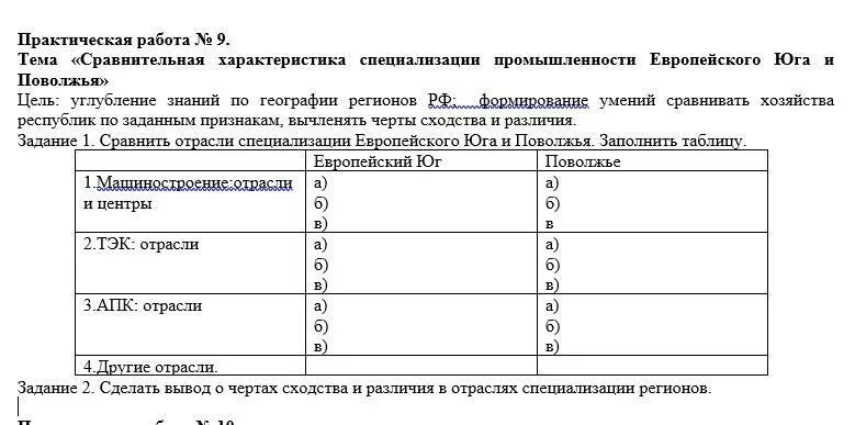 Хозяйство Поволжского экономического района таблица. Практическая работа Европейский Юг география 9 класс. Практическая работа сравнител. Сравнительная характеристика специализации.