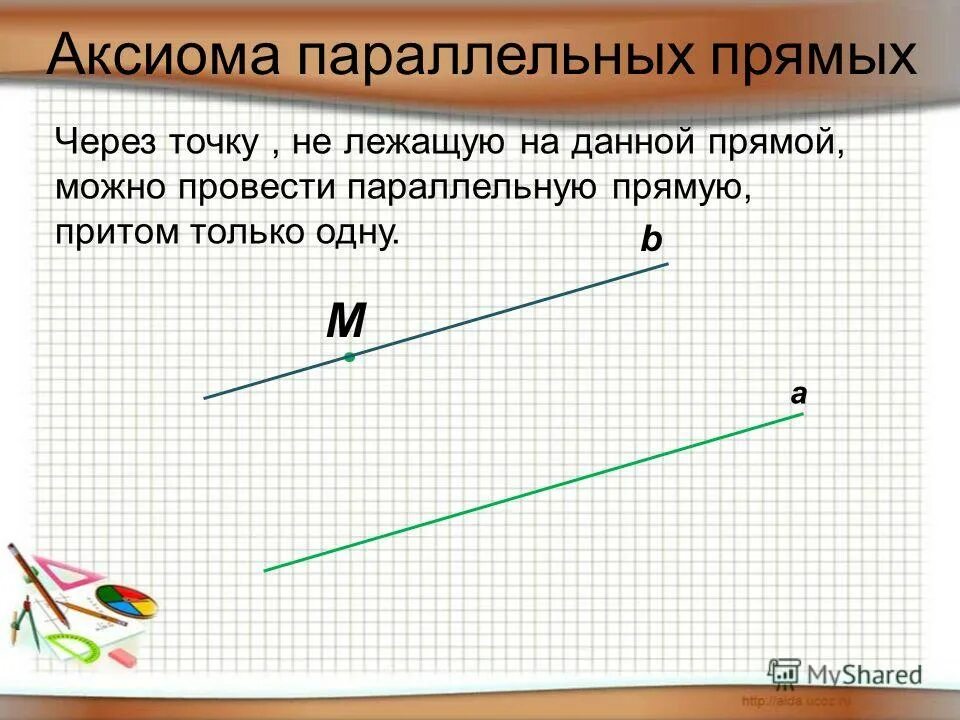 Прямые можно сравнивать. Аксиома параллельных прямых чертеж. Аксиома параллельных прямых 3 Аксиомы. Аксиома параллельных прямых 7 класс чертеж. Аксиома параллельных прямых задачи.