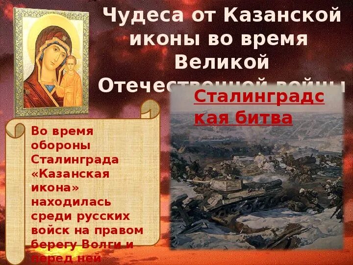 Великие победы россии презентация. Сталинградская битва и икона Казанская икона Божией матери. Икона Казанской Божией матери в Сталинградской битве. Икона Казанской Божьей матери Сталинградская. Икона Казанской Божьей матери в Сталинграде в годы ВОВ.