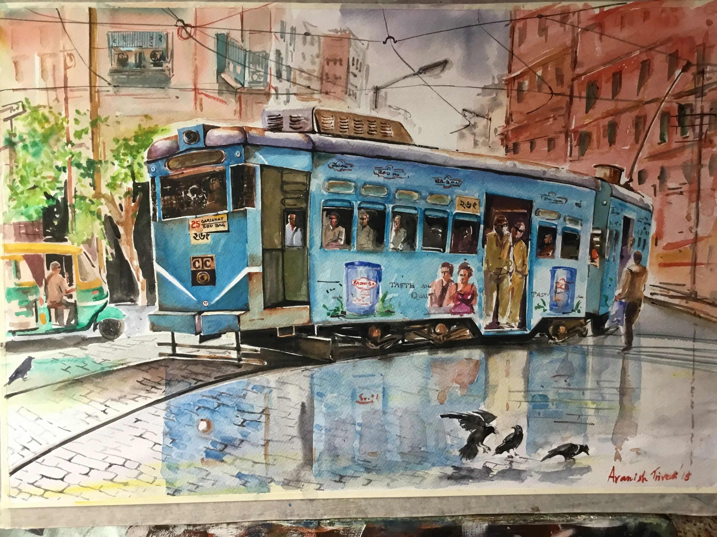 Город трамвай детвора. Художник картина город Сан Франциско трамвайчики. Сказочный трамвай.