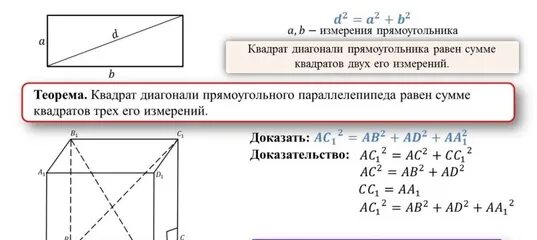 Квадрат диагонали прямоугольного параллелепипеда равен. Квадрат диагонали прямоугольного параллелепипеда равен сумме. Квадрат диагонали равен сумме квадратов трёх его измерений. Измерение диагонали прямоугольника. Теорема о диагонали прямоугольного параллелепипеда и следствие