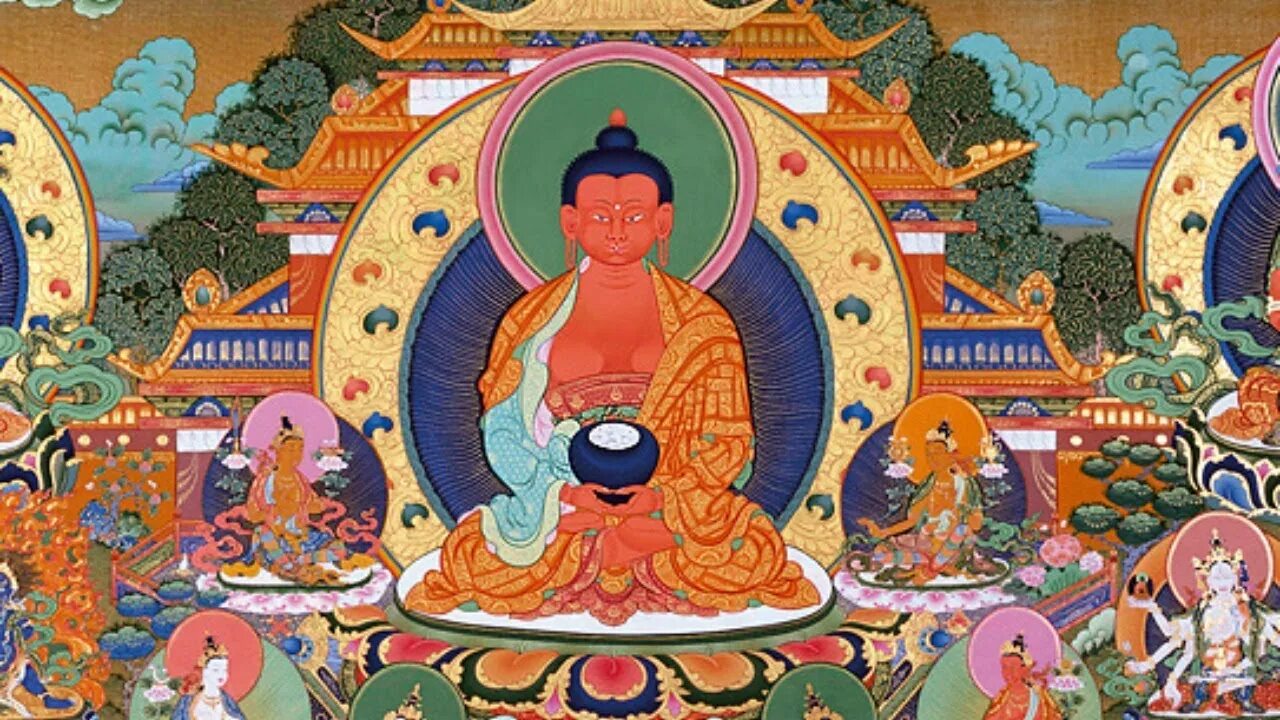 Будда земли. Западный рай Будды Амитабхи. Самантабхадра Будда Древо. Тибетская живопись тханка контур.
