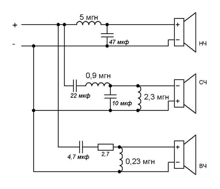 Фильтр для трехполосной акустики схема. Схема фильтров многополосной акустической. Фильтр НЧ для динамика схема. Фильтр НЧ для динамика 4 ом схема.