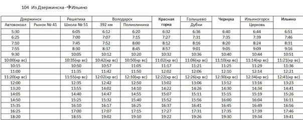 Расписание автобусов 104 дзержинск сегодня