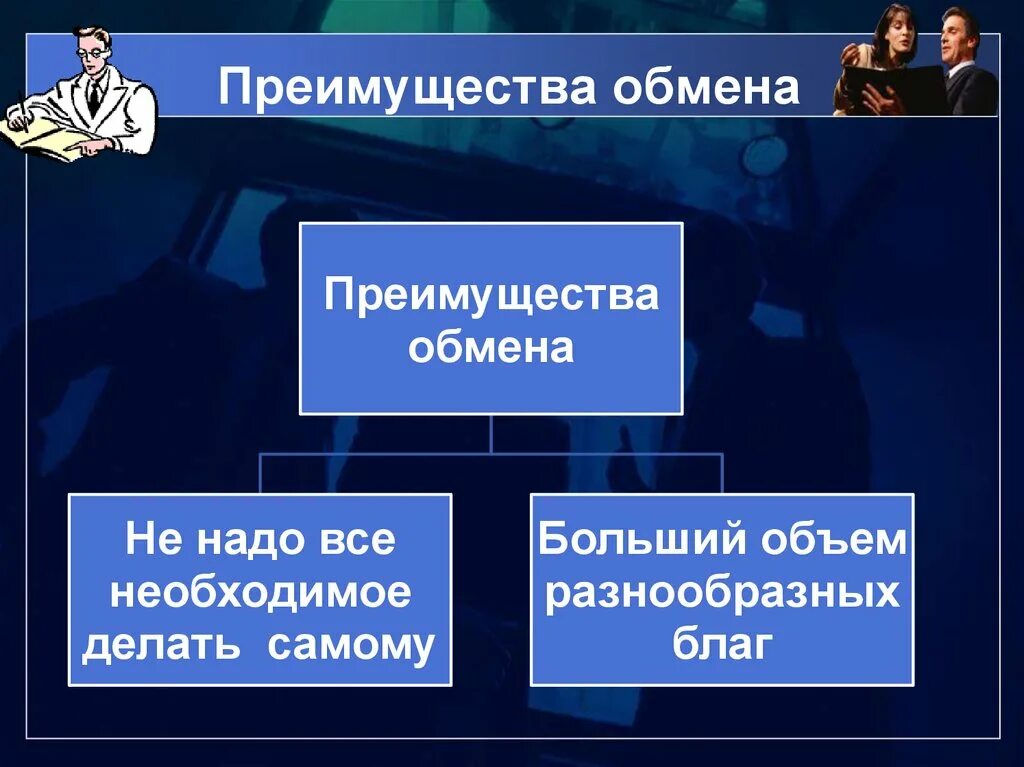 Обмен торговля реклама боголюбов. Преимущества обмена. Выгоды обмена. Преимущества обмена 7 класс Обществознание. В чём приемущества обмена.