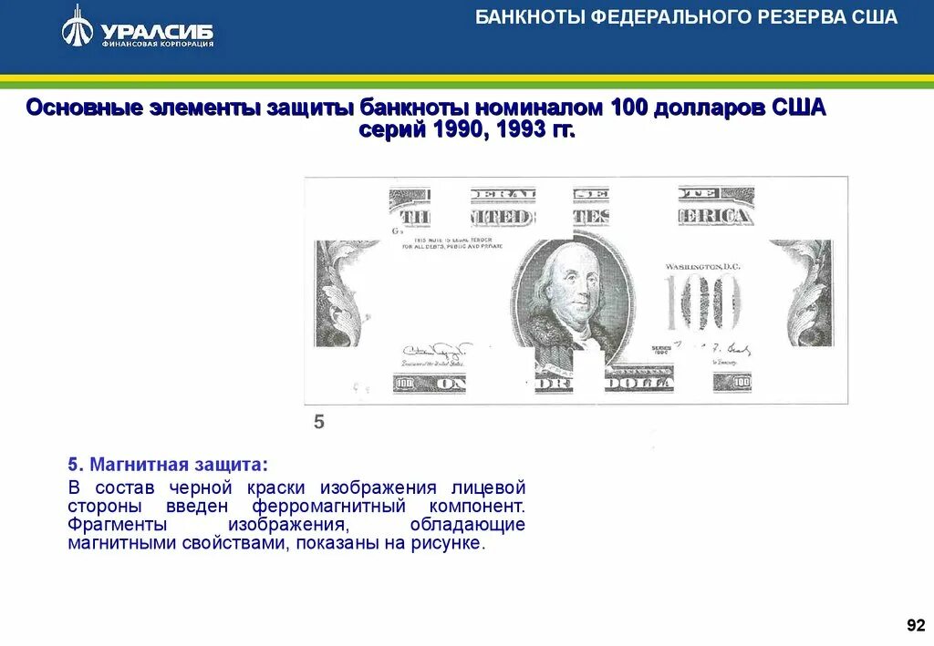 Элементы купюры. Магнитная защита банкноты. Элементы защиты банкнот. Элементы защиты банкнот долларов США. Банкноты федерального резерва.