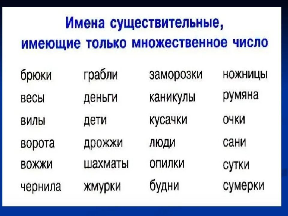 Стйа какое слово. Существительные только в форме множественного числа. Имена существительные всегда во множественном числе примеры. Имена существительные которые употребляются во множественном числе. Слова имена существительные во множественном числе.