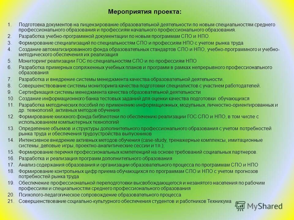 Проекты программ спо. Перечень документации по профессии спо. лицензирование образовательных программ спо. мероприятия по профессии спо. лицензирование профессионального обучения спо.