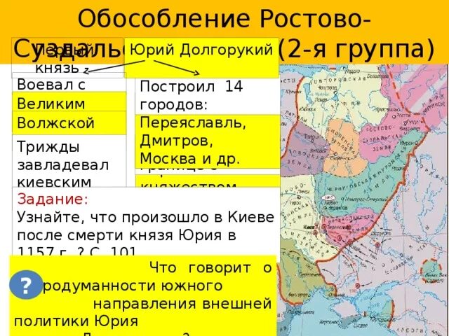 Тест северо восточная русь 6 класс. Карта Руси при Юрии Долгоруком. Основные уделы княжества Северо Восточной Руси. Обособление Ростово Суздальской земли.