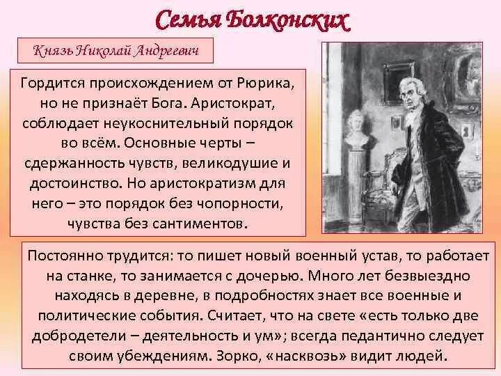 Отношение болконских к природе. Семья ростовых Болконских и Курагиных. Характеристика семьи Болконских.