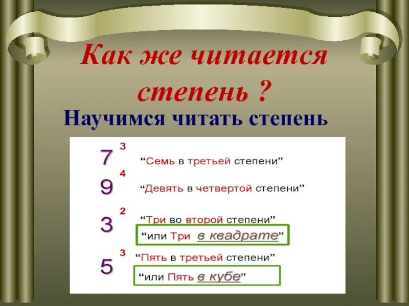 Прочитать степень. Как читаются степени. как читается степень числа. как читается квадрат. степень числа 5 класс презентация.