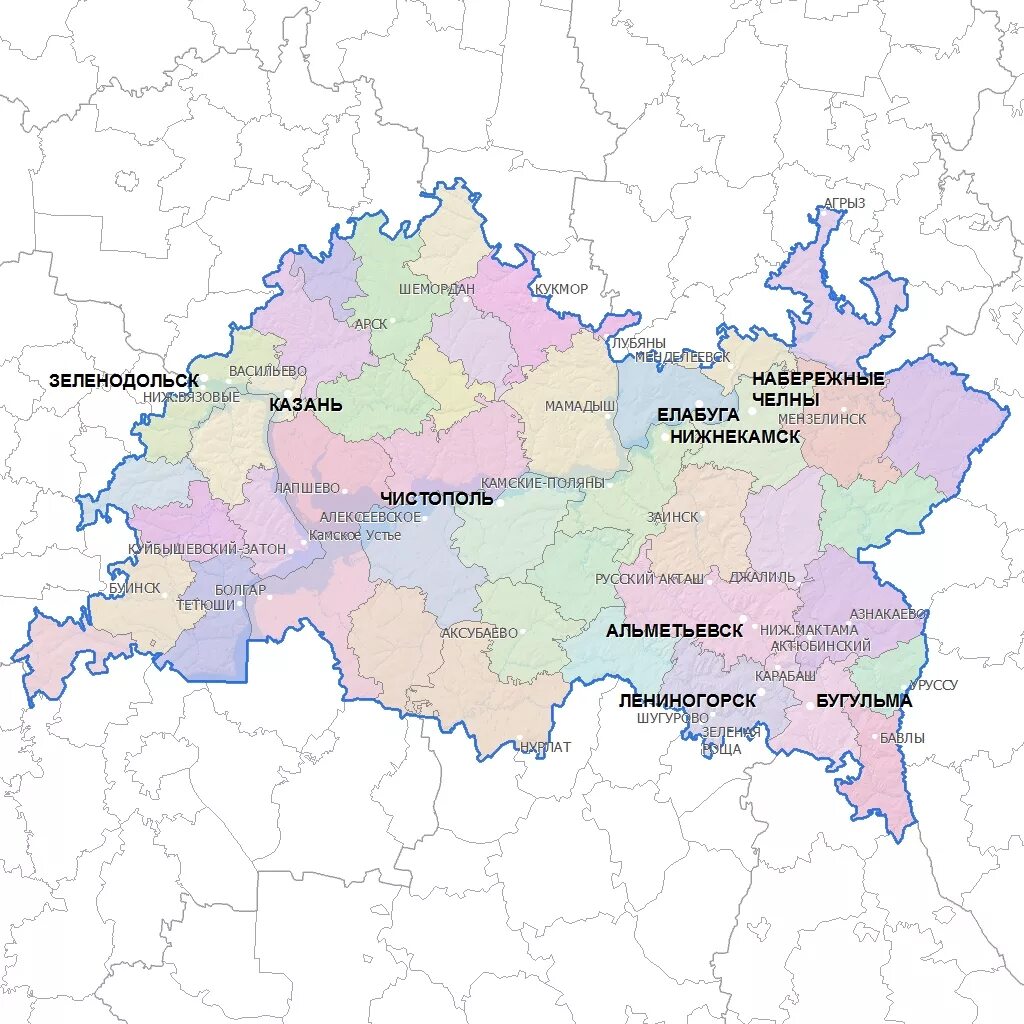 Где находится татарстан в россии. Республика Татарстан на карте России. Карта Республики Татарстан по районам. Карта Республики Татарстан с городами. Административная карта Республики Татарстан по районам\.