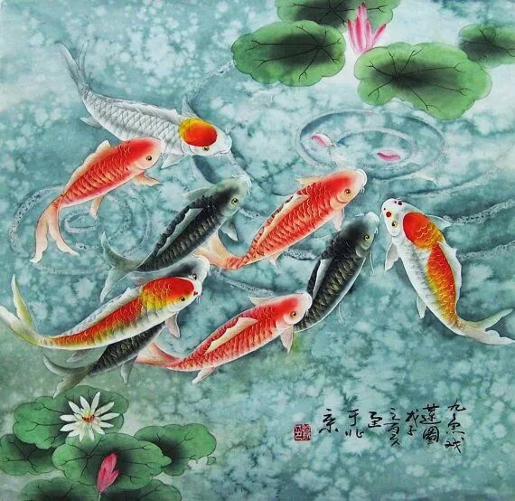 Китайские рыбки фото Koi Fish & Peony Flowers Art Asian Artwork