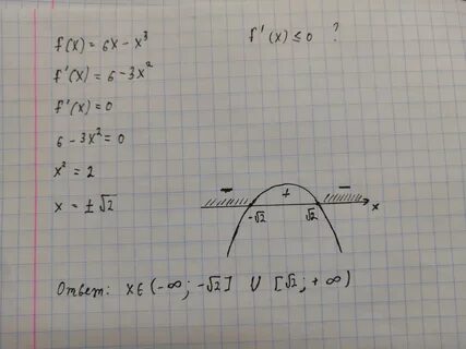 Найдите все значения x, при которых f'(x)< ; = 0, если f(x) = 6x - x 3? - Алге