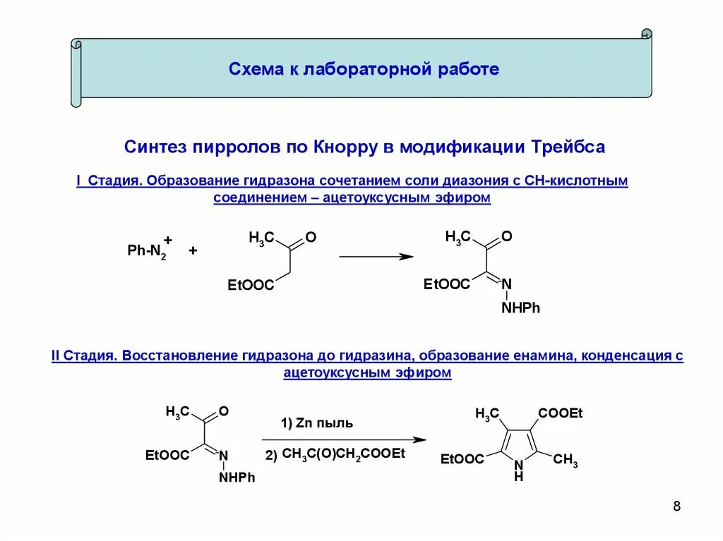 Синтез реагента. Синтез пиррола по Кнорру механизм. Синтез пирролов по Кнорру в модификации Трейбса. Схему образования гидразона этаналя. Образование гидразонов из альдегидов.