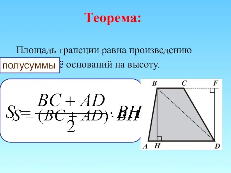 Полусумма сторон трапеции равна ее площади верно. Площадь трапеции. Теорема трапеции. Теорема о площади трапеции. Площадь трапеции доказательство.