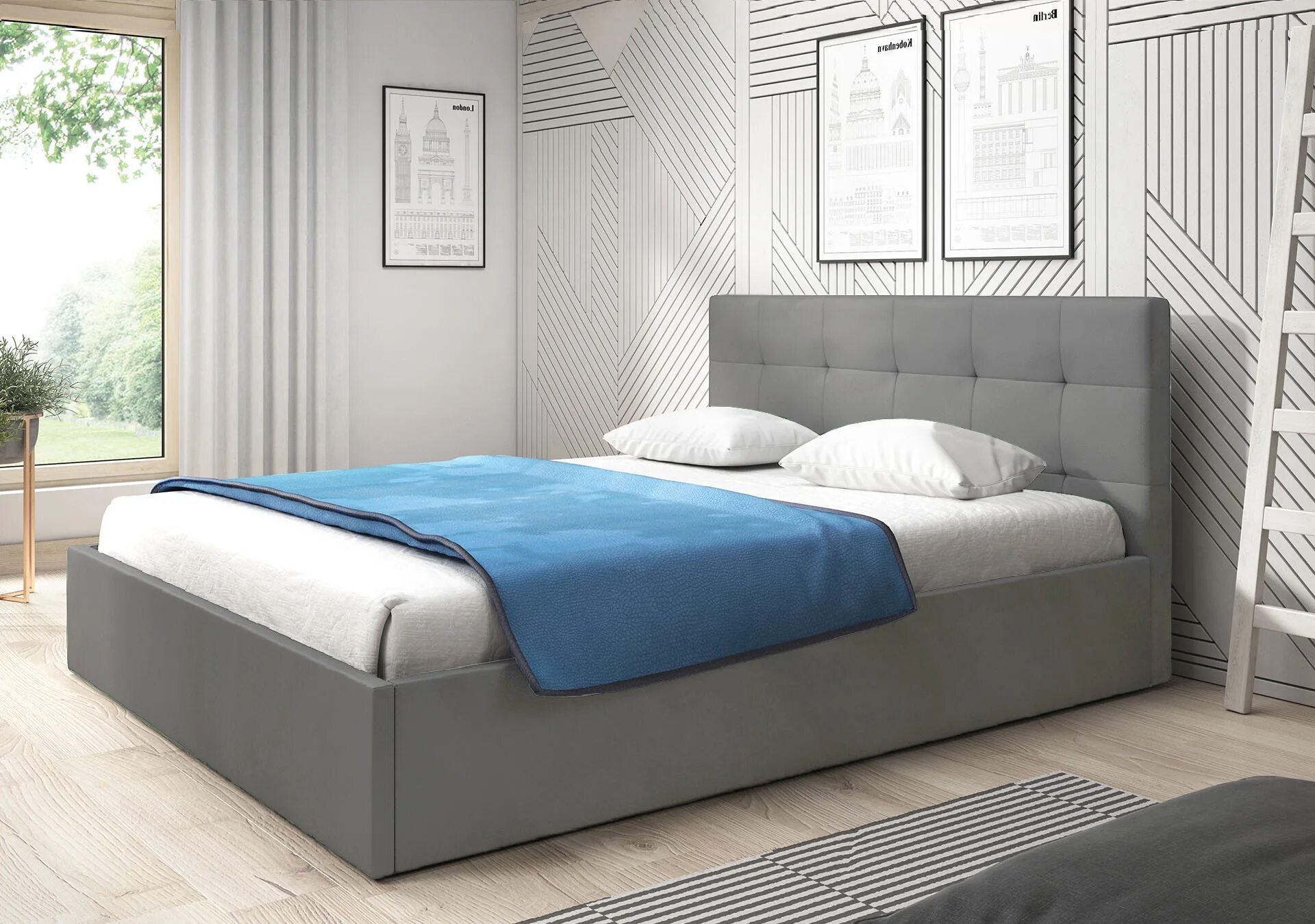 правильное размещение кровати в спальне. спальня с кроватью и креслами. кровать напротив окна в спальне. ковер под кроватью в спальне. спальня.