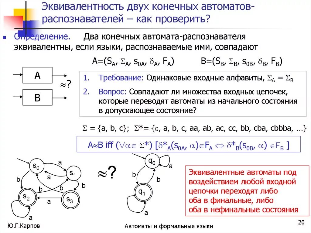 Автомат конечных состояний. Эквивалентные состояния автомата пример. Конечный автомат распознаватель. Эквивалентный детерминированный конечный автомат.. Эквивалентные конечные автоматы..