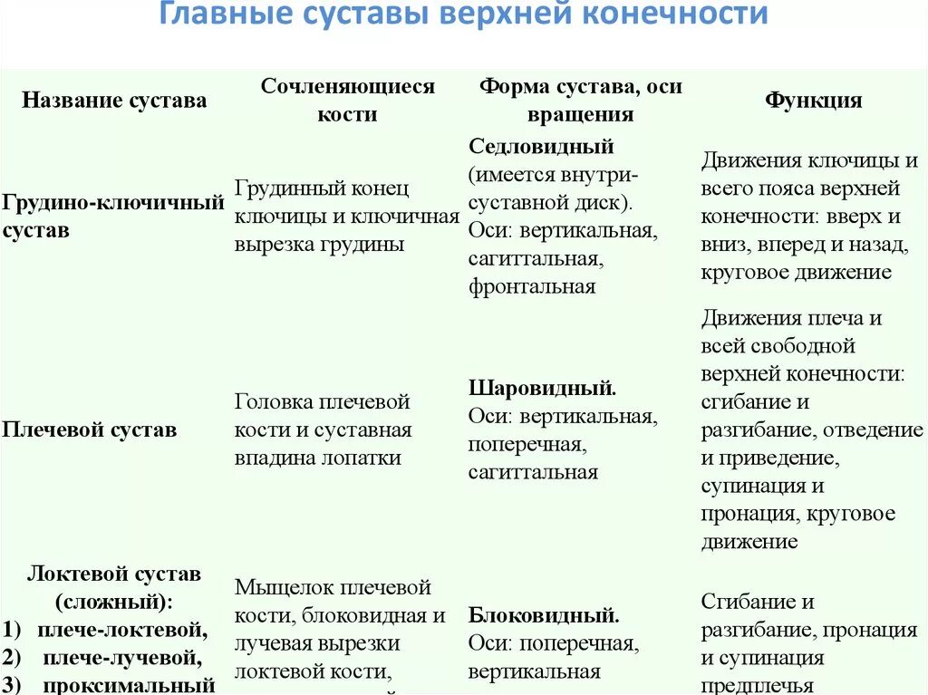 Соединения костей верхней конечности таблица. Суставы верхней конечности таблица анатомия. Соединение костей верхних конечностей анатомия таблица. Характеристика суставов верхней свободной конечности. Функции движения суставов