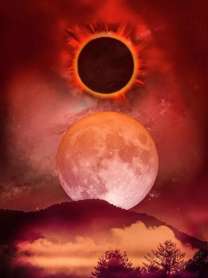 Лунное затмение арт. Затмение фэнтези. Солнце живопись. Затмение арт. Красная луна.