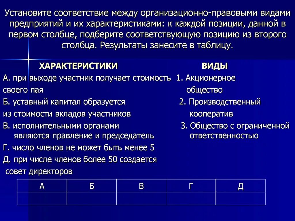 Установите характеристики между характеристиками. Установите соответствие между организационно правовыми. Установите соответствие ме. Установите соответствие между видами. Установите соответствие между характери.