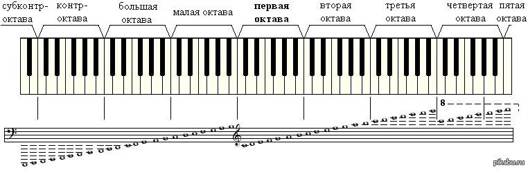 Количество октав. Первая Октава в басовом Ключе для фортепиано. Октава фортепиано 2 октавы. Басовый ключ пианино малая Октава. Малая Октава в басовом Ключе на нотном стане.