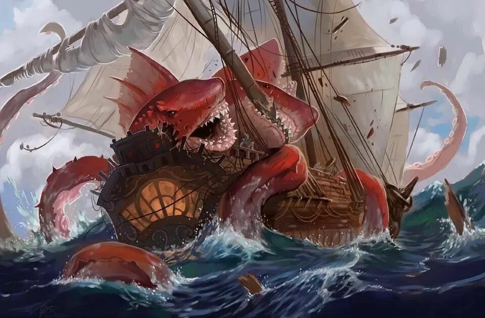 Морской нападение. Корабль монстр. Морское чудовище и корабль. Пираты фэнтези. Пиратский корабль Левиафан.