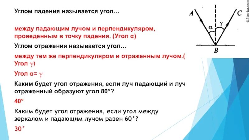 Как называется угол между. Угол падения и угол отражения. угол между падающим лучом и отражённым. угол между падающим и отраженным лучами. угол между перпендикуляром и отраженным лучом.