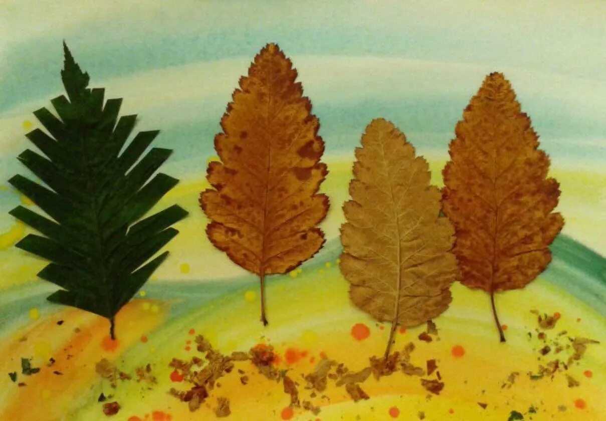 Осенний лес из осенних листьев. Аппликация из листьев. Осенний пейзаж из листьев. Аппликация из сухих листьев. Рисование природными материалами.