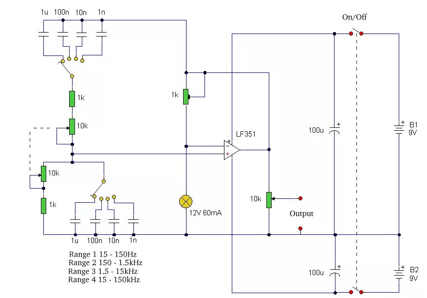 Sine generator. Схемы на lf351. sine wave generator 15hz-150khz. sine wave generator schematic. sine wave signal generator.