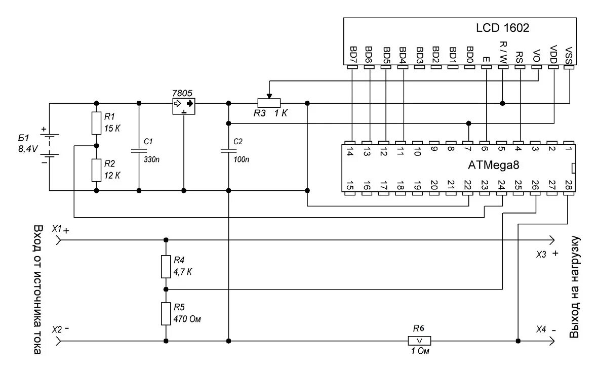 Вольтамперметр на atmega8. Ампервольтметр lcd 1602. Вольтамперметр на atmega8. Схемы радиолюбителей на ардуино. Вольтамперметр на atmega8.