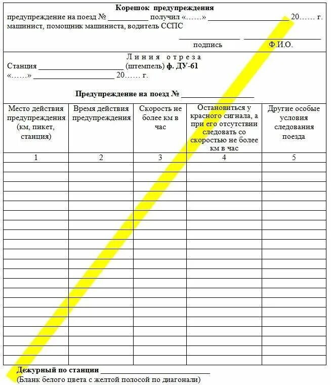 Документы машинистов поезда. Бланки РЖД формы Ду 61. Пример заполнения Бланка Ду 61. Бланки предупреждений формы Ду-61. Заполнение Бланка Ду 61 РЖД.