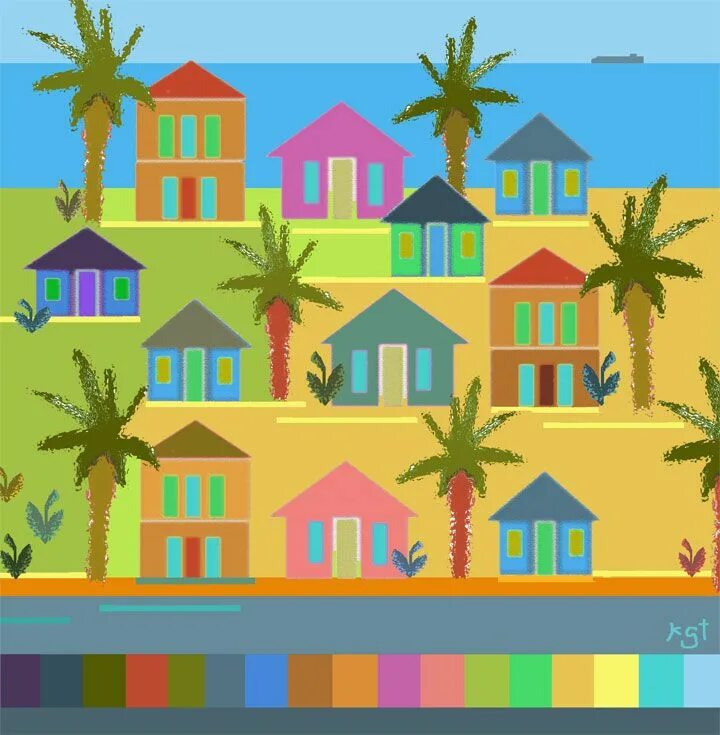 Остров цвета. Разноцветный остров. остров с цветными домиками. seaside palette. color island.