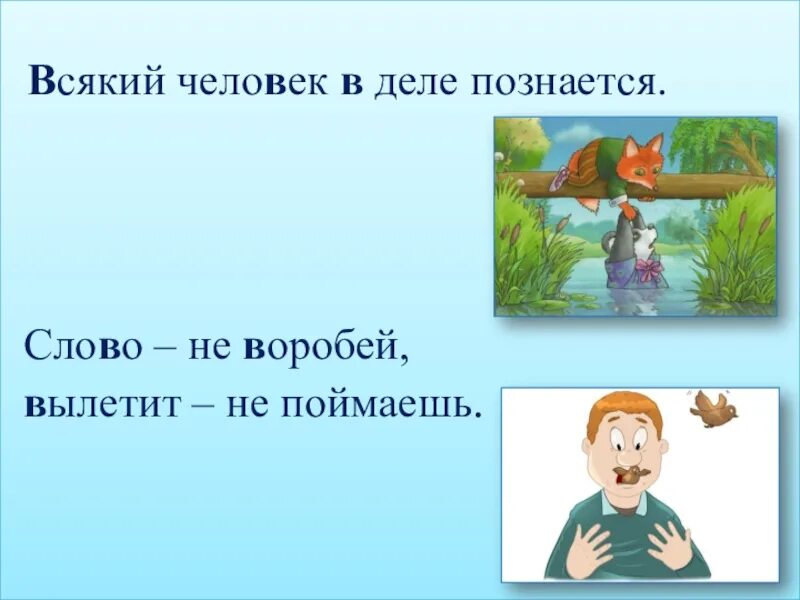 Ловлю смысл. Всякий человек в деле познается. Смысл пословиц слово не Воробей. Слово не Воробей вылетит не поймаешь. Пословица всякий человек в деле познается.