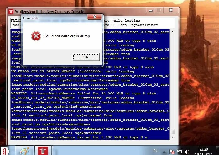 Вольфенштайн ошибка. Wolfenstein II: the New Colossus при запуске выдает ошибку. Wolfenstein II: the New Colossus видеодрайверу недостаточно выделенной памяти. Wolfenstein 2 crash Dump.